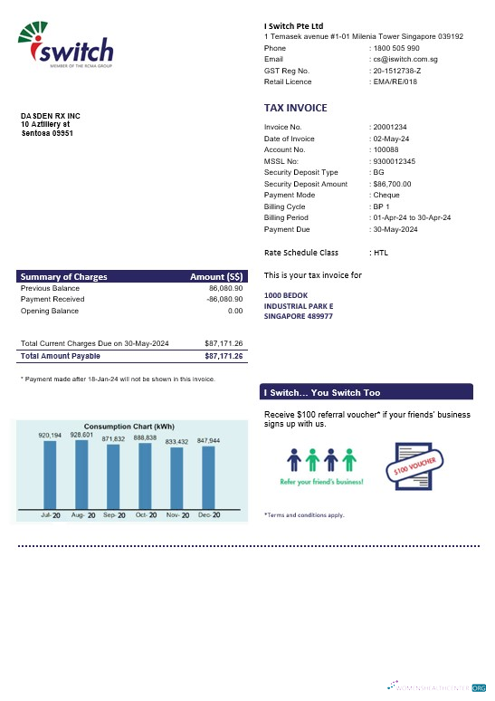 Singapore I Switch electricity business utility bill template in Word and PDF formats